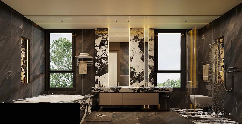 Elegant Modern Bathroom Interior Featuring Marble Vanity Bathtub Large Mirror And Floor To Ceiling Windows 3d model 
