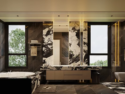 Elegant Modern Bathroom Interior Featuring Marble Vanity Bathtub Large Mirror And Floor To Ceiling Windows 3d model