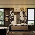 Elegant Modern Bathroom Interior Featuring Marble Vanity Bathtub Large Mirror And Floor To Ceiling Windows