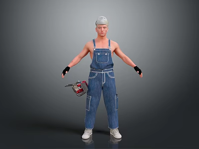 3D Worker Character In Denim Overalls With Cap And Power Tool 3d model