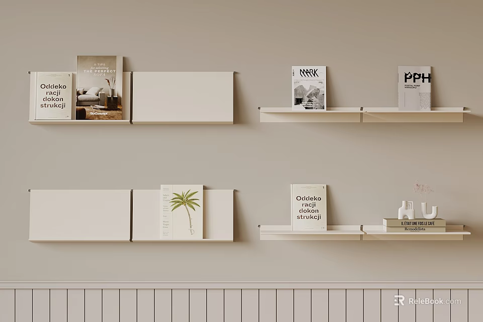 Stylish White Wall Shelves On Beige Wall With Books Decorations And Magazines 3d model 
