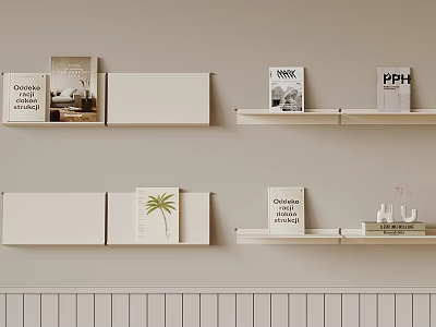Stylish White Wall Shelves On Beige Wall With Books Decorations And Magazines 3d model