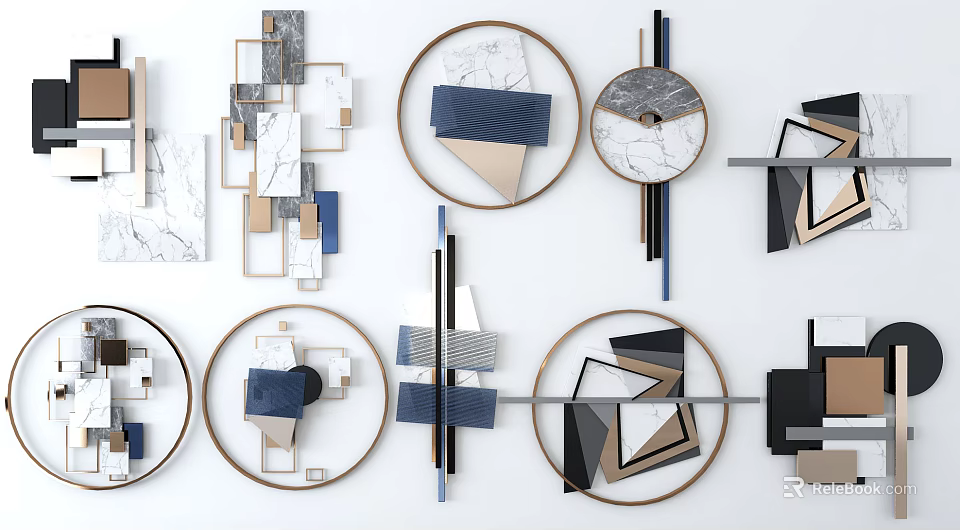 Modern Geometric Wall Decor With Circular Square Triangular Shapes Blue Gray Beige And Wooden Frames 3d model