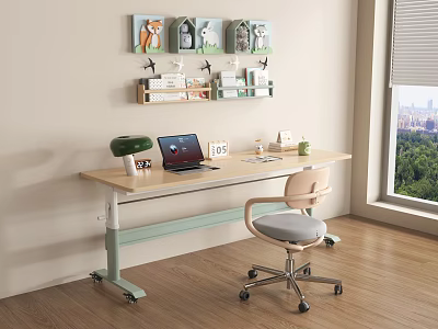 Adjustable Desk with Laptop Green Lamp Office Chair Wall Shelves and Natural Light 3d model