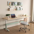 Adjustable Desk with Laptop Green Lamp Office Chair Wall Shelves and Natural Light