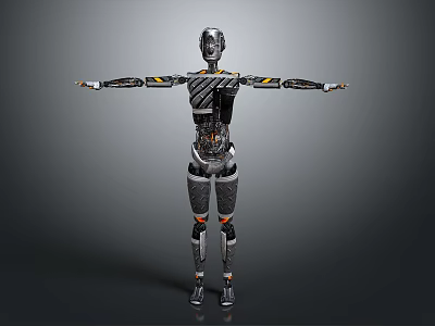 Humanoid Robot Featuring Metallic Body Structure And Open Arms Pose On Gray Background 3d model