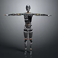 Humanoid Robot Featuring Metallic Body Structure And Open Arms Pose On Gray Background