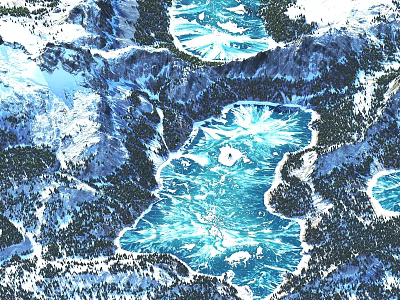 Stunning Natural Mountain Scenery with Glistening Snow Ice Lakes and Green Forests 3d model