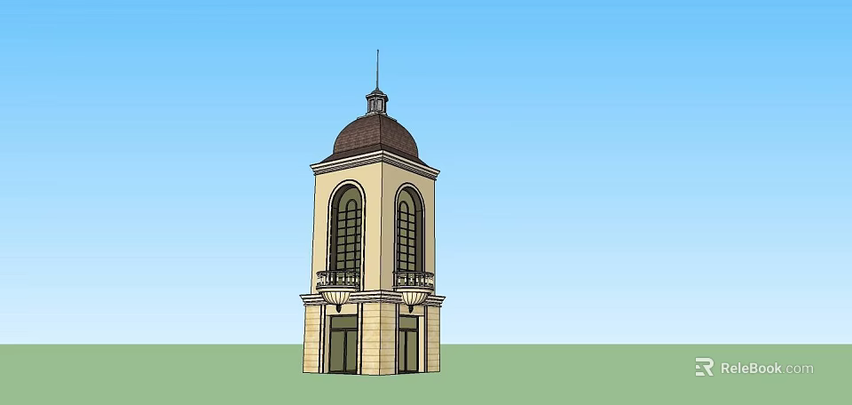 Two Story Tower Featuring Brown Dome Arched Windows Beige Walls And Ground Floor Doors 3d model 