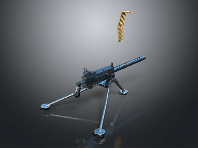 Black Tactical Machine Gun With Tripod Stand And Gold Ammunition Belt Design 3d model