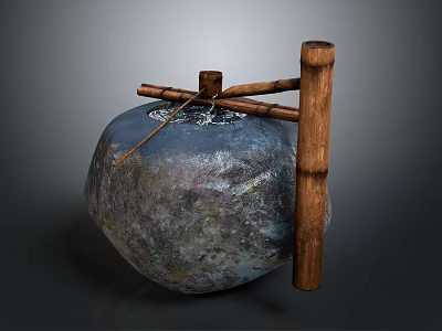 Rustic Garden Ornament Featuring Stone Container Wooden Lever And Natural Mossy Texture 3d model