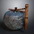 Rustic Garden Ornament Featuring Stone Container Wooden Lever And Natural Mossy Texture