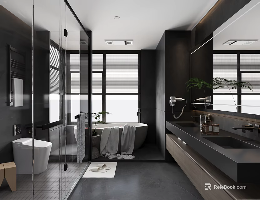 Modern Black Bathroom with Glass Shower Bathtub Large Mirror and Green Plant 3d model 