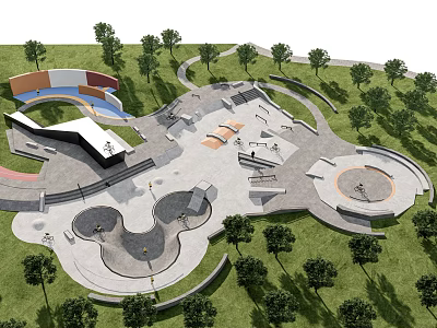 Modern Park Landscape With Skate Park Features Curved Pathways Green Lawns And Trees 3d model