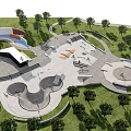 Modern Park Landscape With Skate Park Features Curved Pathways Green Lawns And Trees