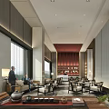 Modern Hotel Lobby Interior With Large Windows Sofas Coffee Tables And Decorative Lighting 3d model