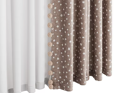 Brown Burlap Curtains With White Polka Dots Pom Pom Trim And White Sheer Panels 3d model