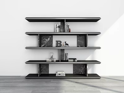 Modern Black Multi Tier Shelving Unit With Decorative Books And Items 3d model