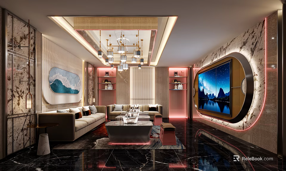 Modern KTV Lounge Interior Design With Comfortable Sofa Large Screen TV And Marble Wall 3d model