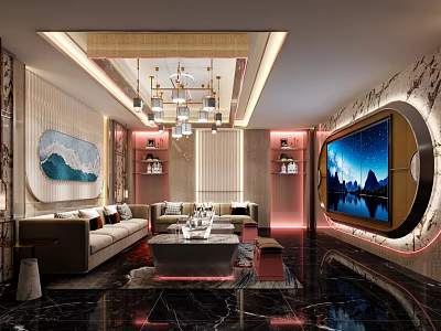 Modern KTV Lounge Interior Design With Comfortable Sofa Large Screen TV And Marble Wall 3d model