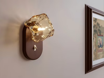 Diamond Shaped Modern Wall Sconce With Amber Glass Shade And Wooden Base On Light Wall 3d model