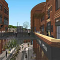 Modern Commercial Street With Clock Tower Plaza Fountain and Surrounding Buildings