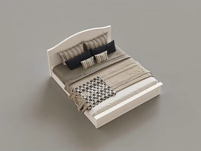 Modern Double Bed With White Headboard Black Beige Striped Pillows Beige Sheets And Checkered Blanket 3d model