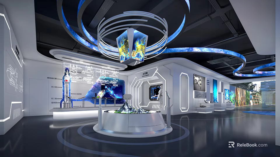 Futuristic Exhibition Hall With Blue Circular Decorations Central Display Platform Rocket Model And Digital Screens 3d model 