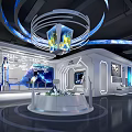 Futuristic Exhibition Hall With Blue Circular Decorations Central Display Platform Rocket Model And Digital Screens