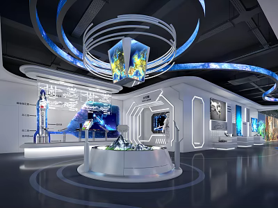 Futuristic Exhibition Hall With Blue Circular Decorations Central Display Platform Rocket Model And Digital Screens 3d model