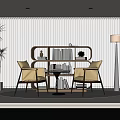 Home Desk With Curved Bookshelf Books Decorations Beige Chairs Floor Lamp And Plant
