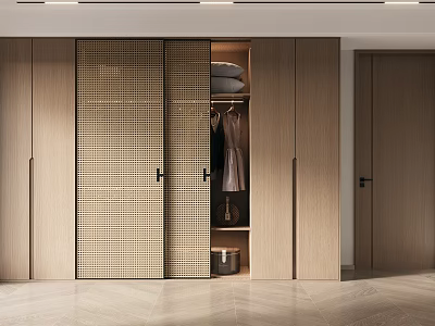 Modern Wooden Wardrobe With Sliding Doors And Hanging Clothes Storage Space Interior Design 3d model