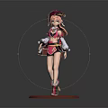 Anime Character Figurine In Pink And Red Outfit With Hat Standing On Red Base