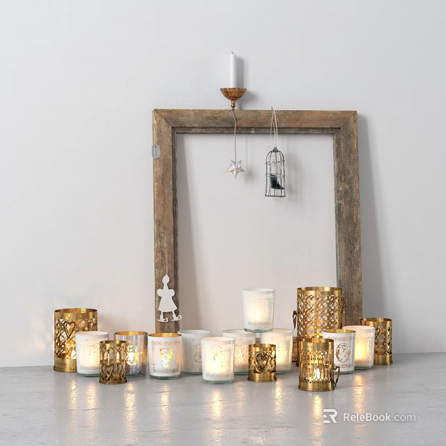 Decorative Candle Lamps Display With Various Gold White Styles Wooden Frame Birdcage And Star Ornaments 3d model 