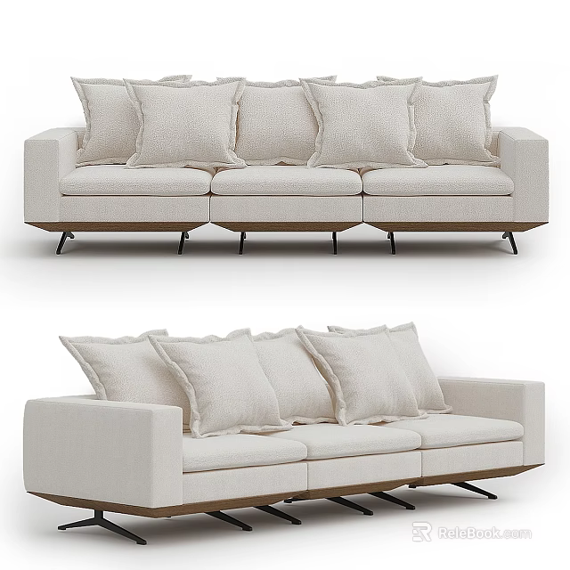 Modern Light Colored Fabric Three Seater Sofa With Multiple Cushions And Metal Legs 3d model 