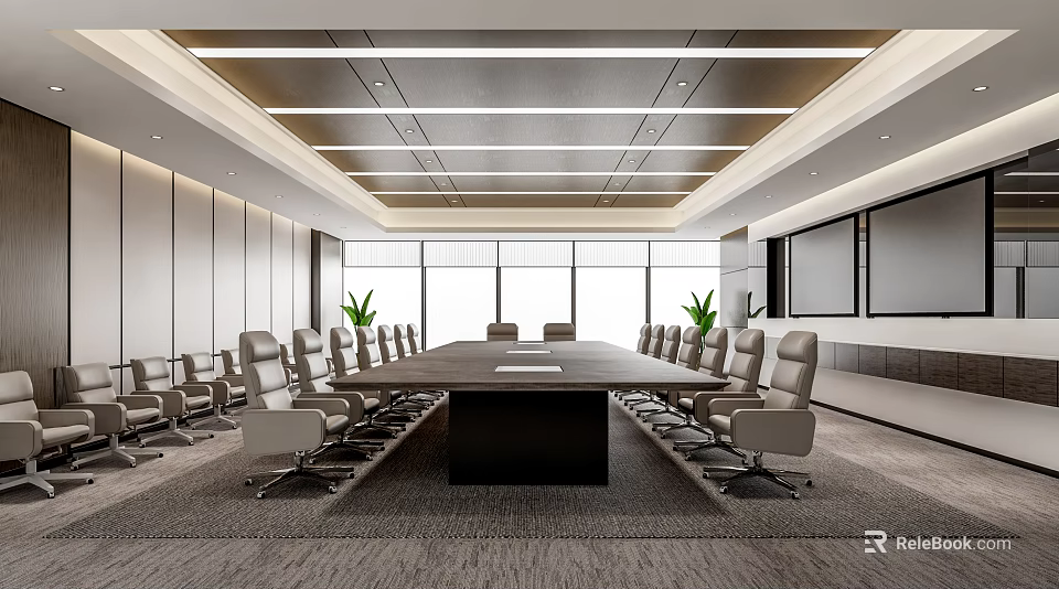 Modern Conference Room Interior Design With Long Table Ergonomic Chairs Large Windows And Projector Screens 3d model 