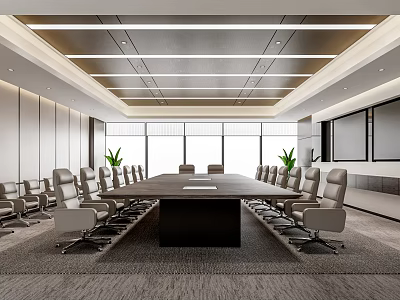Modern Conference Room Interior Design With Long Table Ergonomic Chairs Large Windows And Projector Screens 3d model
