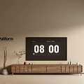 Modern Walnut TV Stand With Flat Screen TV Digital Clock And Decorative Items 3d model