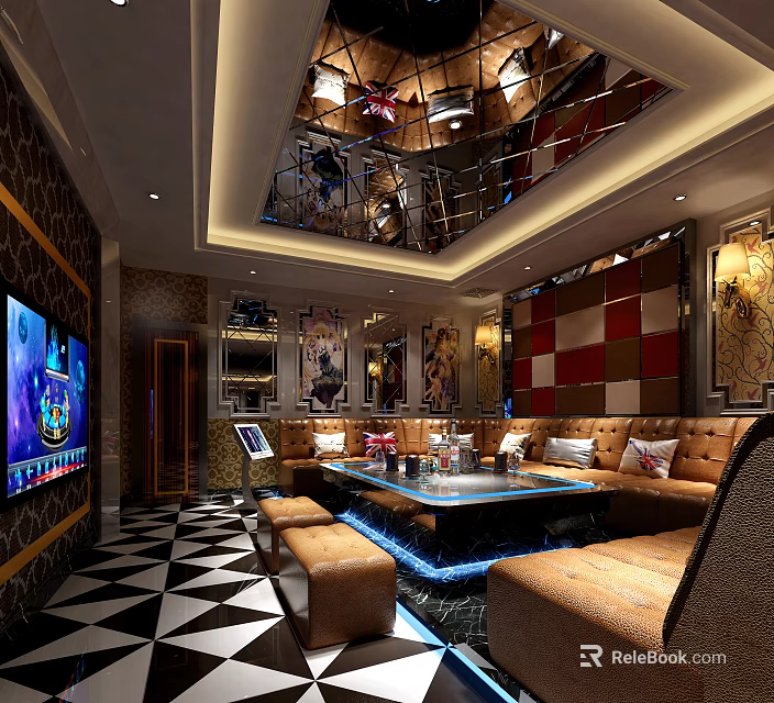 Luxury KTV Interior Design With Comfortable Sofas TV Screen And Decorative Lighting 3d model