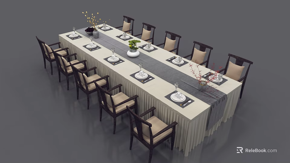 Elegant Dining Table Set With Long Table Multiple Chairs Beige Cushions Dark Frames Tableware Vases 3d model 