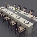 Elegant Dining Table Set With Long Table Multiple Chairs Beige Cushions Dark Frames Tableware Vases