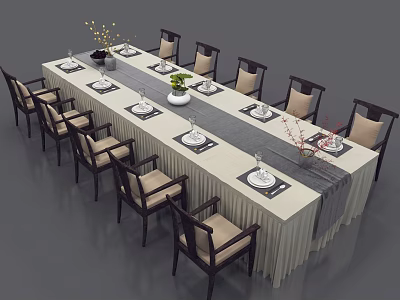 Elegant Dining Table Set With Long Table Multiple Chairs Beige Cushions Dark Frames Tableware Vases 3d model