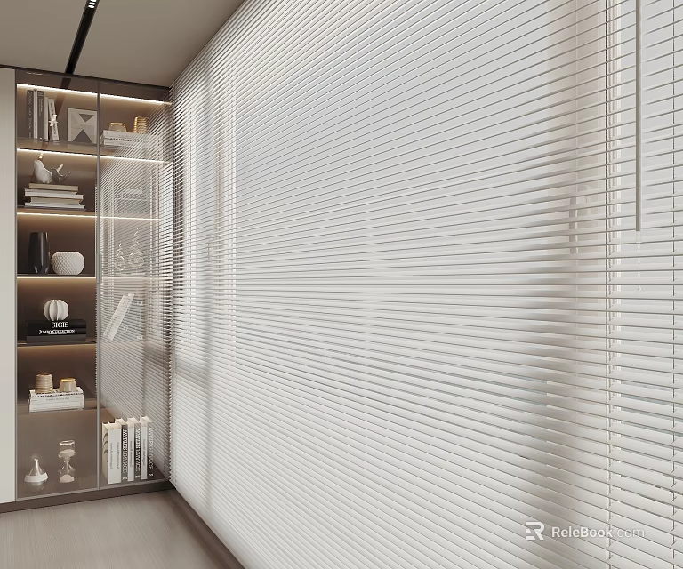 White Blinds In Modern Interior With Natural Light And Display Shelves 3d model 
