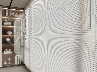 White Blinds In Modern Interior With Natural Light And Display Shelves 3d model