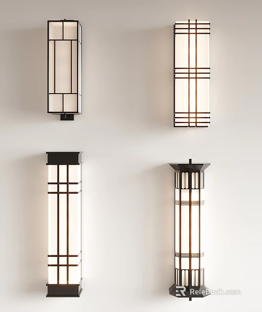 Elegant Modern Wall Lamps Featuring Geometric Black Frames And White Lampshades 3d model