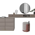 Modern Gray Dressing Table With Round Mirror Drawers And Decorative Stool 3d model