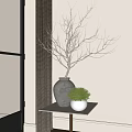 Bonsai Potted Plant with White Branches in Beige Ceramic Pot near Curtain and Window Frame