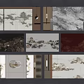 Chinese Traditional Background Wall With Landscape Paintings Pavilions And Wooden Decorations