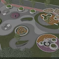 Park Landscape Design with Circular Flower Beds Walking Paths and Green Shade Structures 3d model
