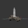 Cozy Wooden House On Rocky Island With Lighthouse Ocean Waves And Red Buoy